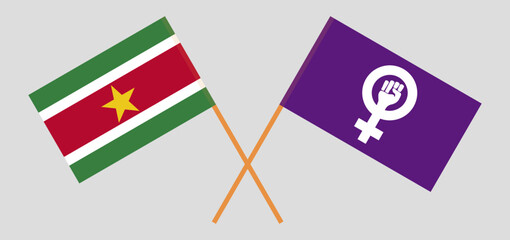 Crossed flags of Suriname and Feminism. Official colors. Correct proportion