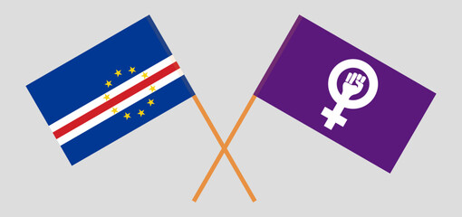 Crossed flags of Cape Verde and Feminism. Official colors. Correct proportion