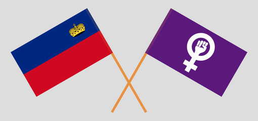 Crossed flags of Liechtenstein and Feminism. Official colors. Correct proportion