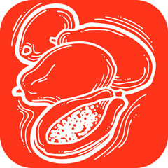 Tropical sweet fruit papaya. Healthy vegan food, agricultural harvest. Tasty dessert for diet. Hand drawn  vector illustration. Comic cartoon old style line art drawing.