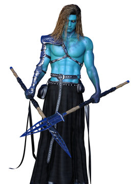 A 3d digital rendering of a blue skinned warrior man with spears and strappy leather outfit. Transparent Background.