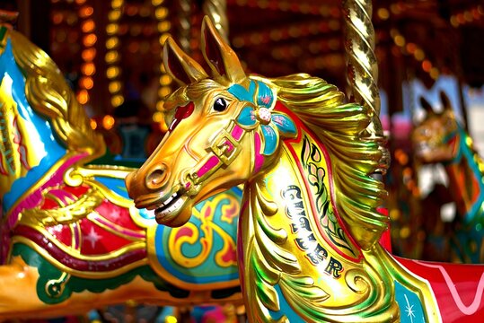 Close up of colourful Carnival Horse Ride. Funfair
