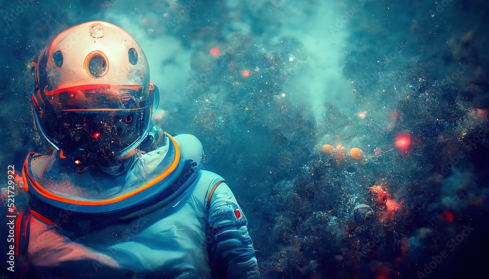 Poster An astronaut in a spacesuit and helmet in outer space, planets and stars in the background.3d render