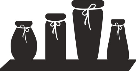 Silhouettes of ceramic flower vases with rope decorations on a shelf. Cartoon style. Isolated vector illustration.