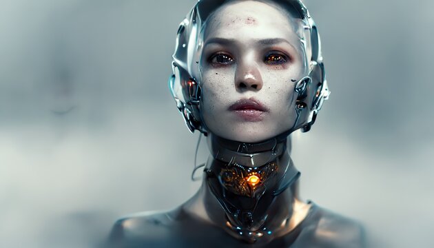 Robot Female Humanoid Face Skull Technological Cyborg Head. AI Or Artificial Intelligence In Form Of A Robot, Humanoid Face Of Mechanical Cyborg With Electronic Brain Or Mind. 3d Render