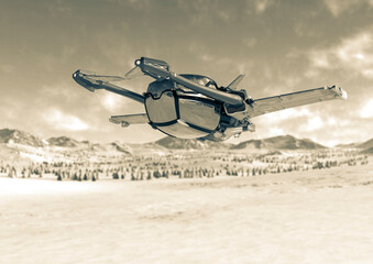 Fototapeta na wymiar space fighter is flying fast on the winter land rear view