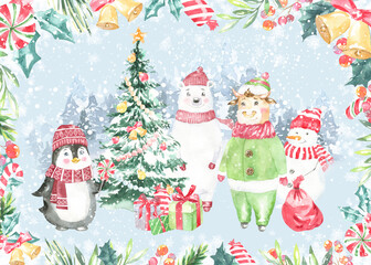 Watercolor winter forest,Christmas card illustration. Happy New Year characters, Pinguin,Christmas tree, bear in warm clothes, bull, floral frame,greenery, snowfall, Christmas Eve,greeting card, print