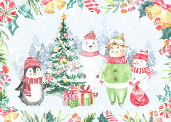Watercolor winter forest,Christmas card illustration. Happy New Year characters, Pinguin,Christmas tree, bear in warm clothes, bull, floral frame,greenery, snowfall, Christmas Eve,greeting card, print