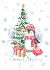 Watercolor winter forest,Christmas card illustration. Happy New Year characters, Pinguin,Christmas tree, snowflakes, floral frame,greenery, snowfall, presents,santa costume,Christmas Eve,greeting card