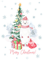 Watercolor winter forest,Christmas card illustration. Happy New Year characters, Bear ,Christmas tree, snowflakes, floral frame,greenery, snowfall, presents,santa costume,Christmas Eve,greeting card