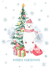 Watercolor winter forest,Christmas card illustration. Happy New Year characters, Bear ,Christmas tree, snowflakes, floral frame,greenery, snowfall, presents,santa costume,Christmas Eve,greeting card