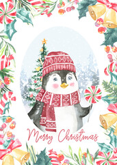 Watercolor Christmas Pinguin,Christmas tree, card  illustration. Happy New Year characters, winter forest, floral festive frame,candy cane, greenery, bells, cartoon, Christmas Eve,greeting card print