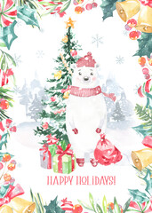 Watercolor winter forest,Christmas card illustration. Bear Happy New Year characters,Christmas tree, snowflakes, floral frame,greenery, snowfall, presents,santa costume,Christmas Eve,greeting card