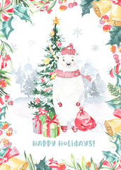 Watercolor winter forest,Christmas card illustration. Bear Happy New Year characters,Christmas tree, snowflakes, floral frame,greenery, snowfall, presents,santa costume,Christmas Eve,greeting card