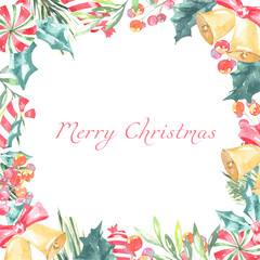 Watercolor Merry Christmas square greenery frame with fir branches,holly berry and place for text.New year background, border,greenery, presents,holiday decoration,greeting card, invite,print,poster  