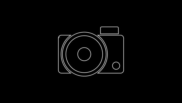 White line Photo camera icon isolated on black background. Foto camera icon. 4K Video motion graphic animation