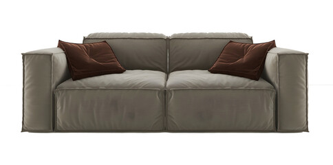 Khaki sofa and pillow on transparent background. png. 3d rendering