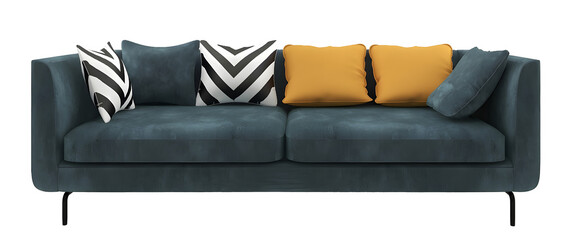 Modern luxury blue suede sofa and pillows on transparent background. png. 3d rendering