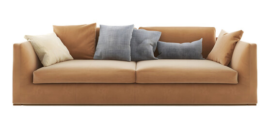 Suede brown sofa and pillows on transparent background. png. 3d rendering