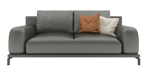 Grey leather sofa and pillows on transparent background. png. 3d rendering