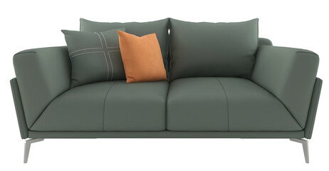 Ashes green sofa and pillows on transparent background. png. 3d rendering