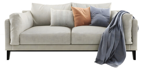 Light gray sofa, blanket, and pillow on transparent background. png. 3d rendering