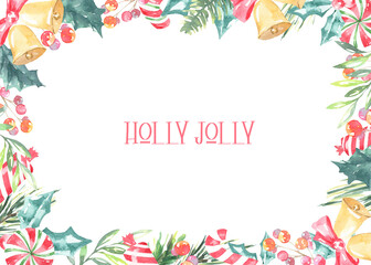 Fototapeta na wymiar Watercolor Holly Jolly greenery floral frame with fir branches,holly berry and place for text.New year background, border,greenery, presents,holiday decoration,greeting card, invite,print,poster 