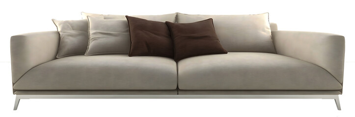 Beige sofa and pillows on transparent background. png. 3d rendering