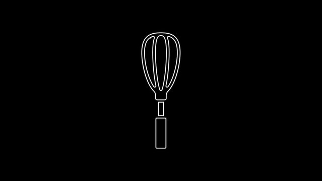 White line Kitchen whisk icon isolated on black background. Cooking utensil, egg beater. Cutlery sign. Food mix symbol. 4K Video motion graphic animation