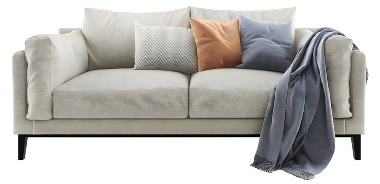 Light Gray Sofa, Blanket, And Pillow On Transparent Background. Png. 3d Rendering