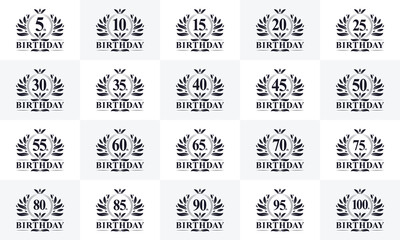 Happy birthday logo bundle. Retro vintage birthday logo set. 5th, 10th, 15th, 20th, 30th, 40th, 45th, 50th, 70th 100th birthday celebration logo bundle.