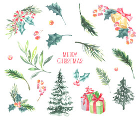 Watercolor Merry Christmas, New Year, winter forest elements set, cute illustration.Bell, fir branches,candy, bell,christmas tree, holly berry,create greeting card invite, floral greenery frame, diy 