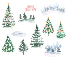 Watercolor winter forest elements set, Christmas Tree, Fir,pine, decor Merry Christmas, New Year, cute illustration. create greeting card invite, floral greenery frame, vintage poster,flyer,print, diy