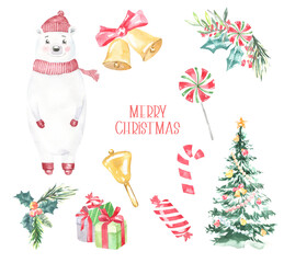 Watercolor Christmas Character, frame, card illustration. Cute bear,create floral greenery, frame, bouquet. Candy, presents, bell, greeting card, happy new year, xmas, postcard, invitation, flyer.