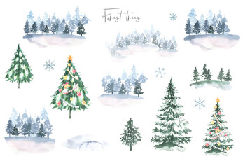 Watercolor winter forest elements set, Christmas Tree, Fir,pine, decor Merry Christmas, New Year, cute illustration. create greeting card invite, floral greenery frame, vintage poster,flyer,print, diy