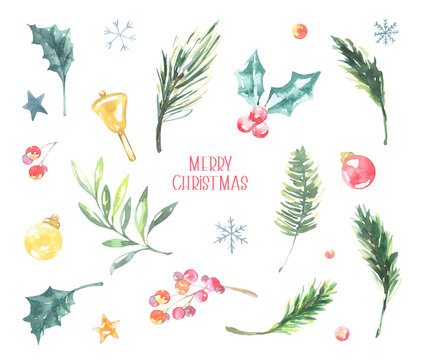 Watercolor Merry Christmas, New Year, winter forest elements set, cute illustration.Bell, fir branches,candy, bell,christmas tree, holly berry,create greeting card invite, floral greenery frame, diy 