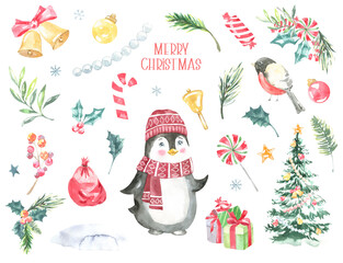 Watercolor Christmas Character, frame card illustration. Pinguin,christmas tree, fir,holly berry,candy, presents, bell, santa, greeting card, happy new year, xmas, postcard, invitation, flyer.