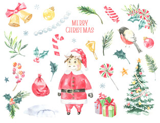 Watercolor Christmas Character, frame card illustration. Bull cute, christmas tree, fir,holly berry,candy, presents, bell, santa, greeting card, happy new year, xmas, postcard, invitation, flyer.