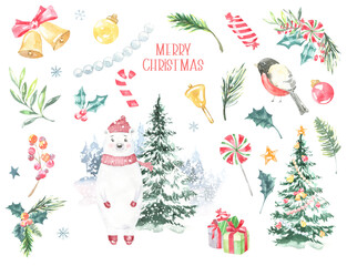 Watercolor Christmas Character, frame card illustration. Cute bear,christmas tree, fir,holly berry,candy, presents, bell, santa, greeting card, happy new year, xmas, postcard, invitation, flyer.