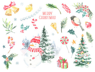 Watercolor Christmas Character, frame card illustration. Cute snowman,christmas tree, fir,holly berry,candy, presents, bell, santa, greeting card, happy new year, xmas, postcard, invitation, flyer.