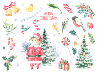 Watercolor Christmas Character, frame card illustration. Bull cute, christmas tree, fir,holly berry,candy, presents, bell, santa, greeting card, happy new year, xmas, postcard, invitation, flyer.
