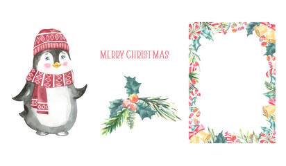 Merry Christmas greenery frame, floral bouquet, cute character, pinguin, wreath illustration with place for text.Happy New Year card design print,postcard,flyer. Bells,presents, cute,candy, decor, diy