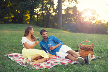 Young smiling couple having picnic on the sunny summer meadow