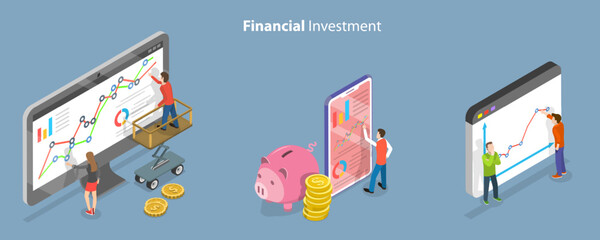 3D Isometric Flat Vector Conceptual Illustration of Financial Investment, Financial Analysis and Stock Market