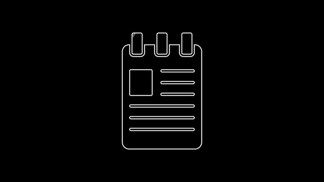White line Notebook icon isolated on black background. Spiral notepad icon. School notebook. Writing pad. Diary for school. 4K Video motion graphic animation