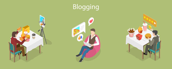 3D Isometric Flat Vector Conceptual Illustration of Food Blogging, Online Customer Reviews