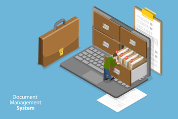 3D Isometric Flat Vector Conceptual Illustration of Document Management System, Electronic File Organization Service, Paperless Office