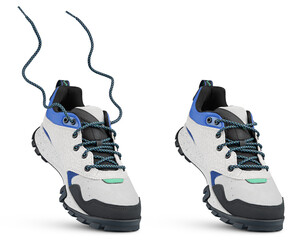 New sports leather boot with flying laces stands on the tip isolated on white background. Trekking...