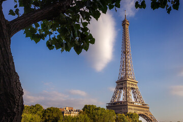 Eiffel tower view from trocadero silent corner with clouds Paris, France