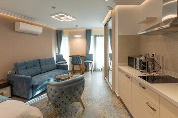 Interior of a luxury hotel apartment with kitchen